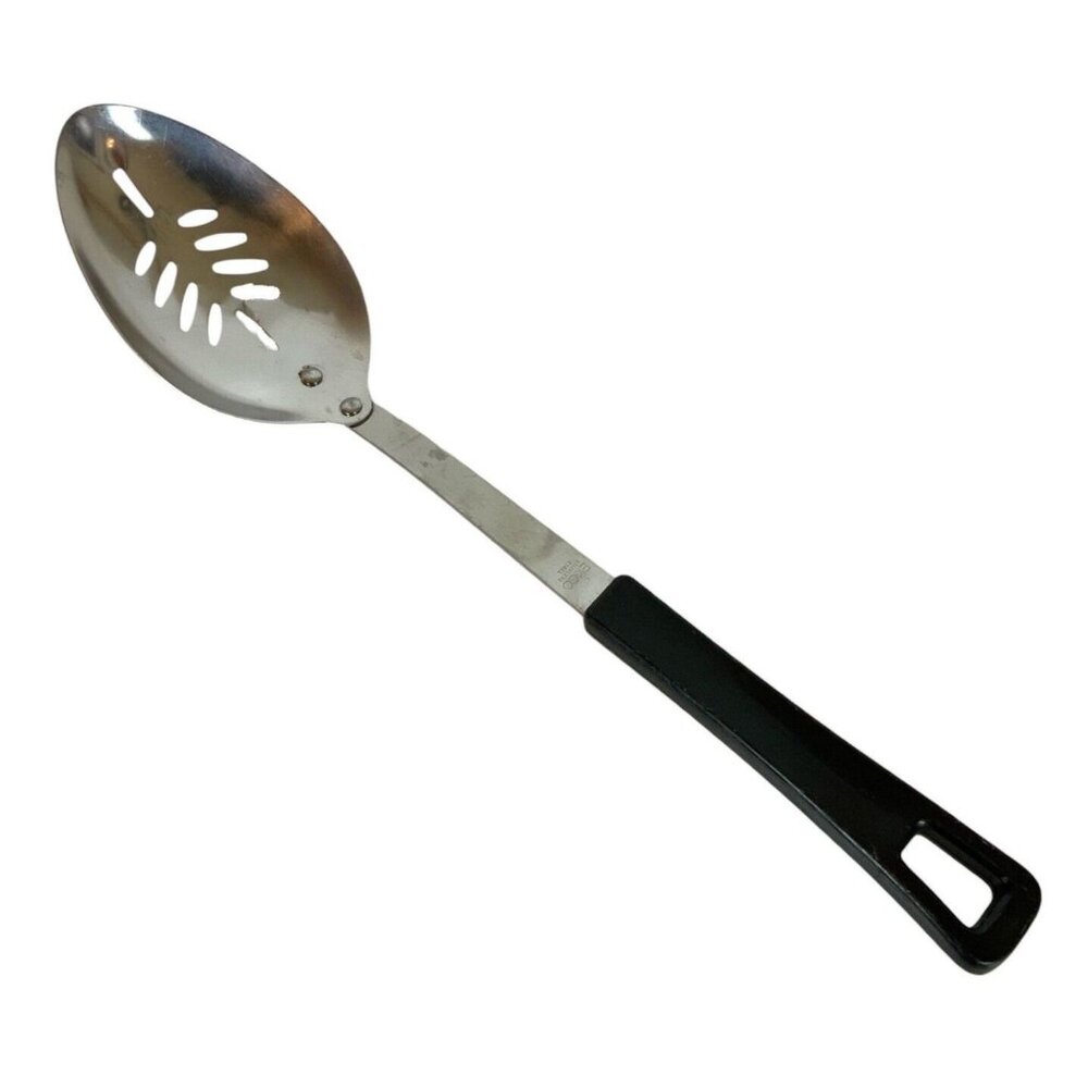 Ekco Stainless Steel Slotted Serving Spoon Black Nylon Handle Vintage Japan